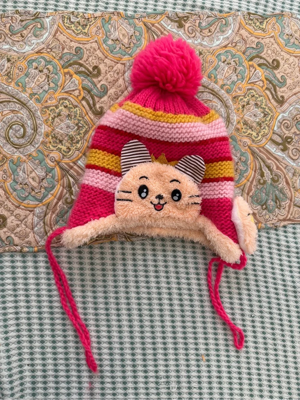 Girls' Crochet Winter Hat Pink Striped Cat Pom Pom Winter Hat Beanie